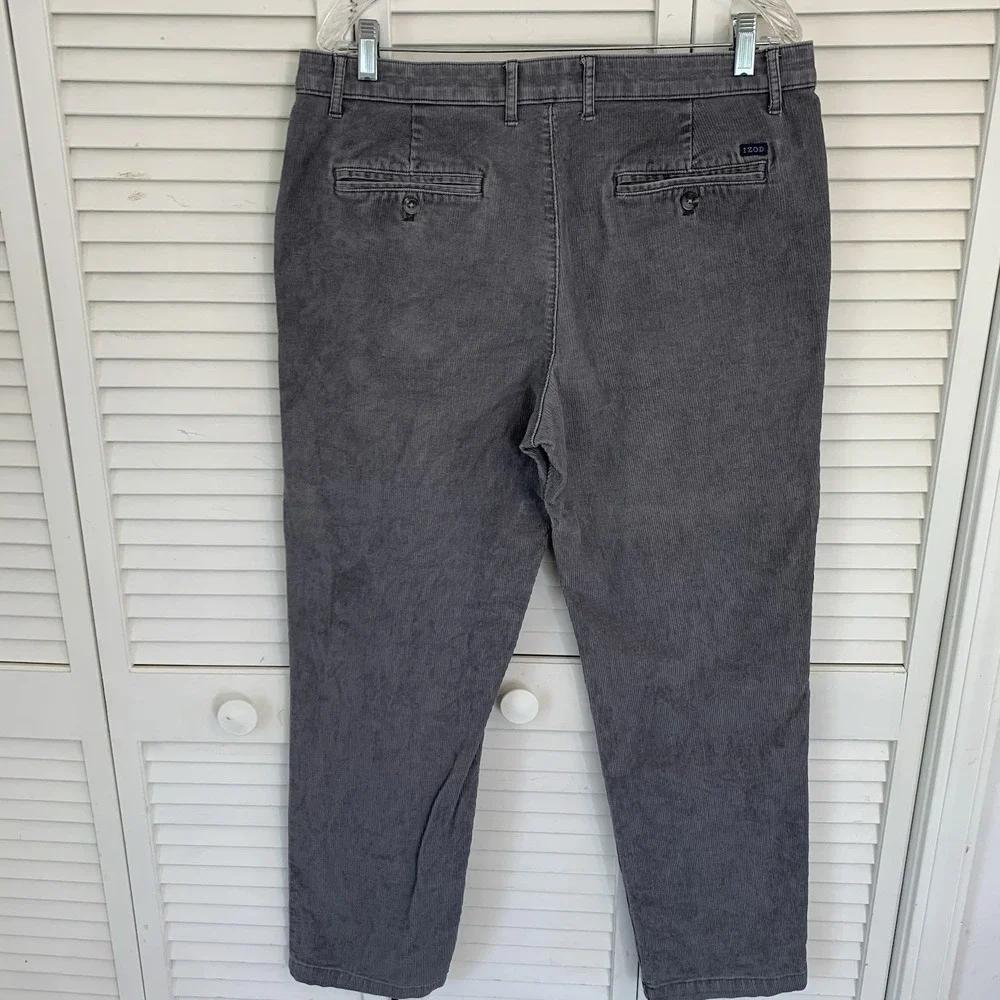 IZOD Corduroy Pants Mens Straight‎ Fit Charcoal Grey 34x32 Cotton Stretch Preppy
